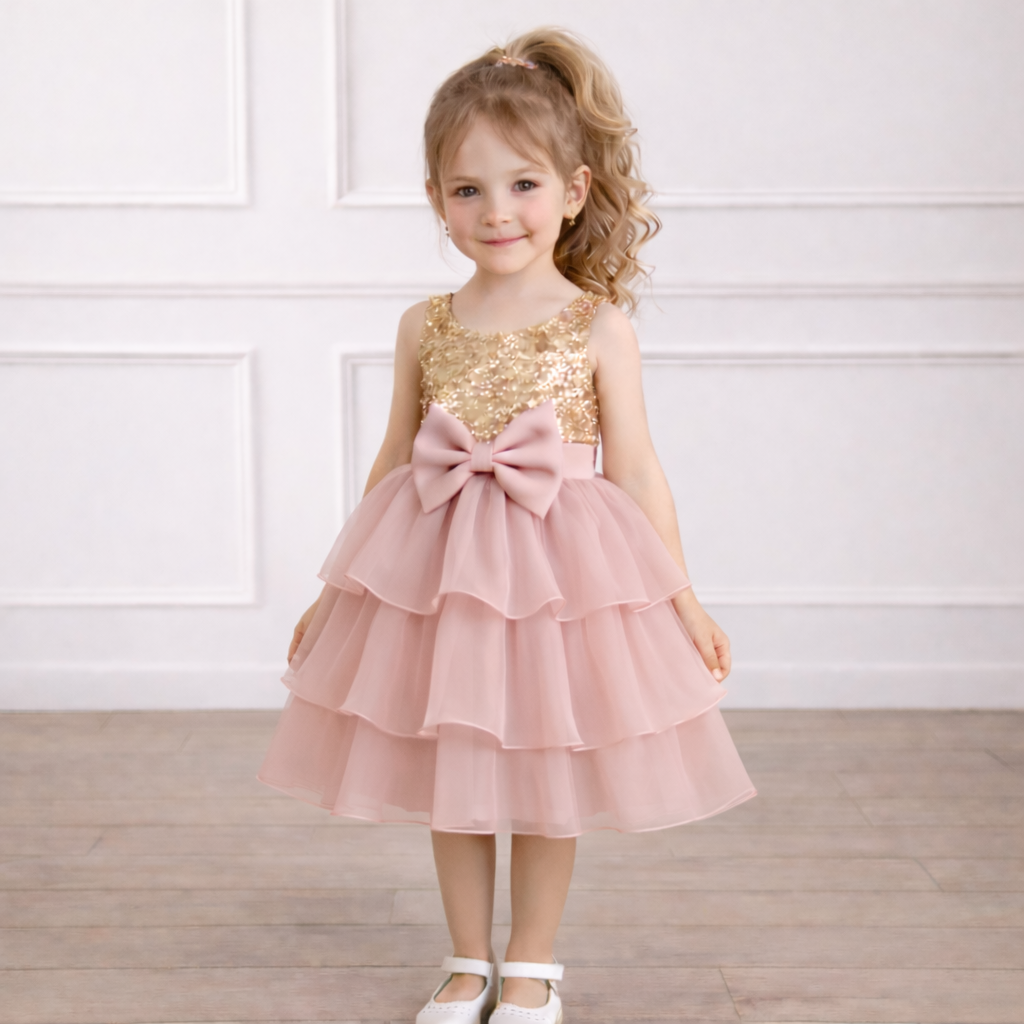 Gold Sequin & Blush Pink Tiered Ruffle Birthday Dress