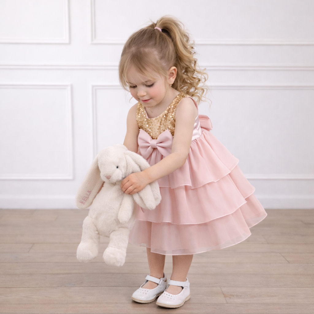 Gold Sequin & Blush Pink Tiered Ruffle Birthday Dress