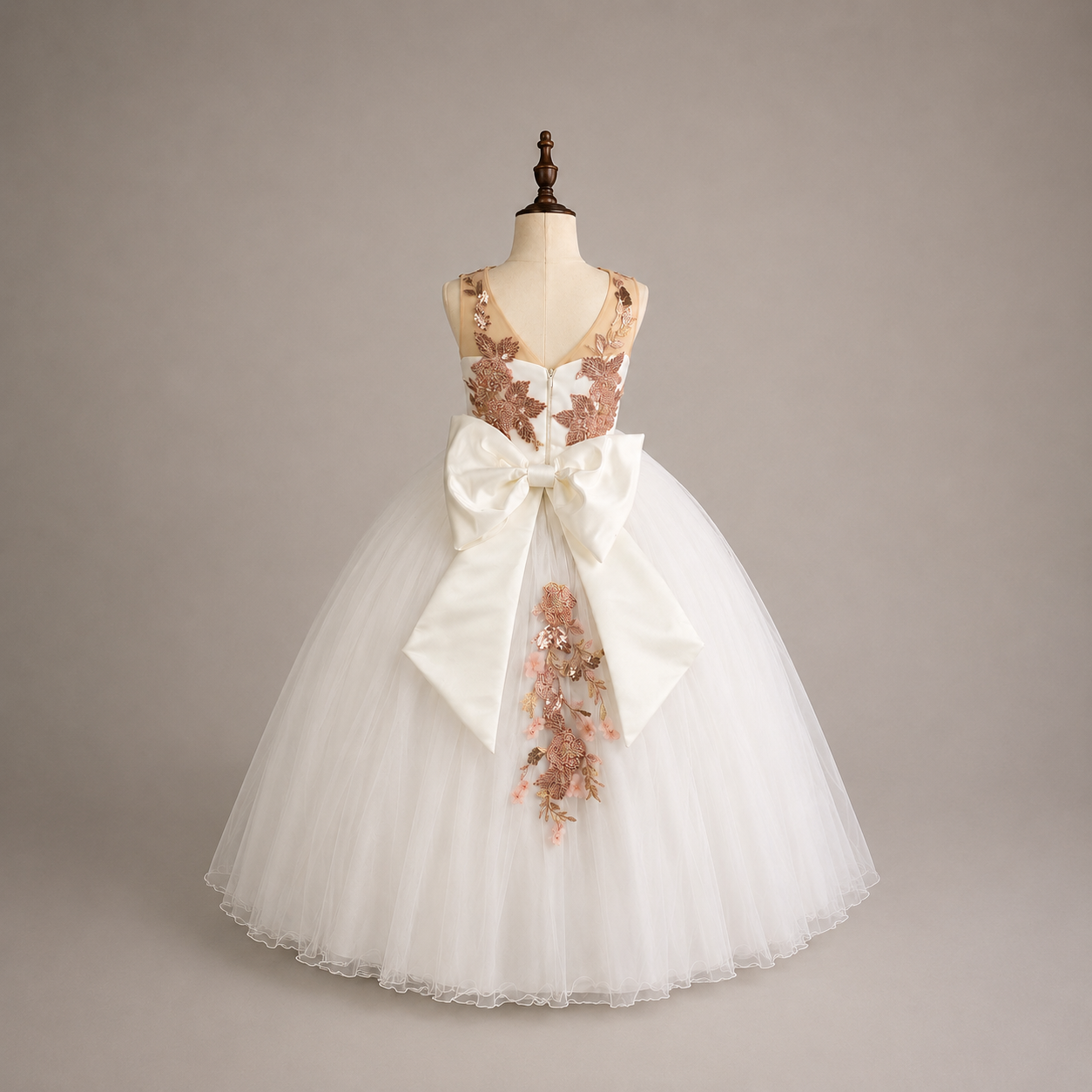 White Flower Girl Dress with Blush 3D Floral Appliqués