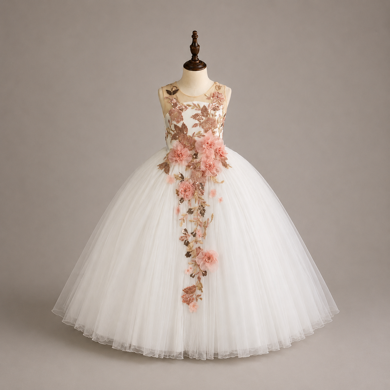 White Flower Girl Dress with Blush 3D Floral Appliqués