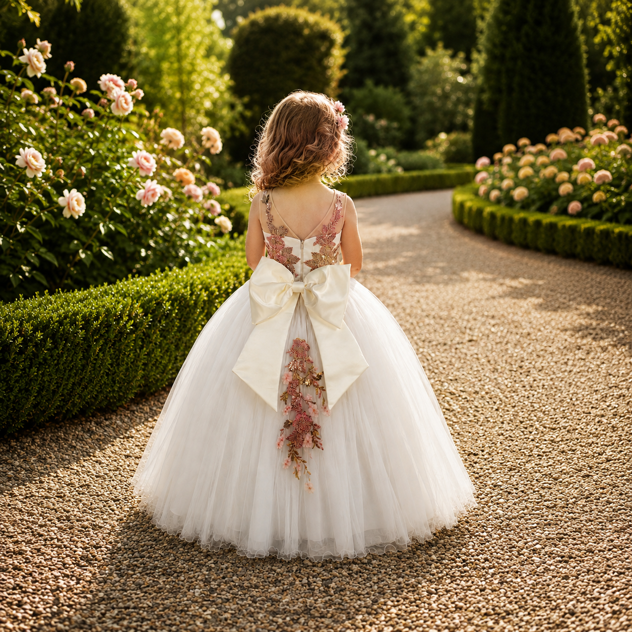 White Flower Girl Dress with Blush 3D Floral Appliqués