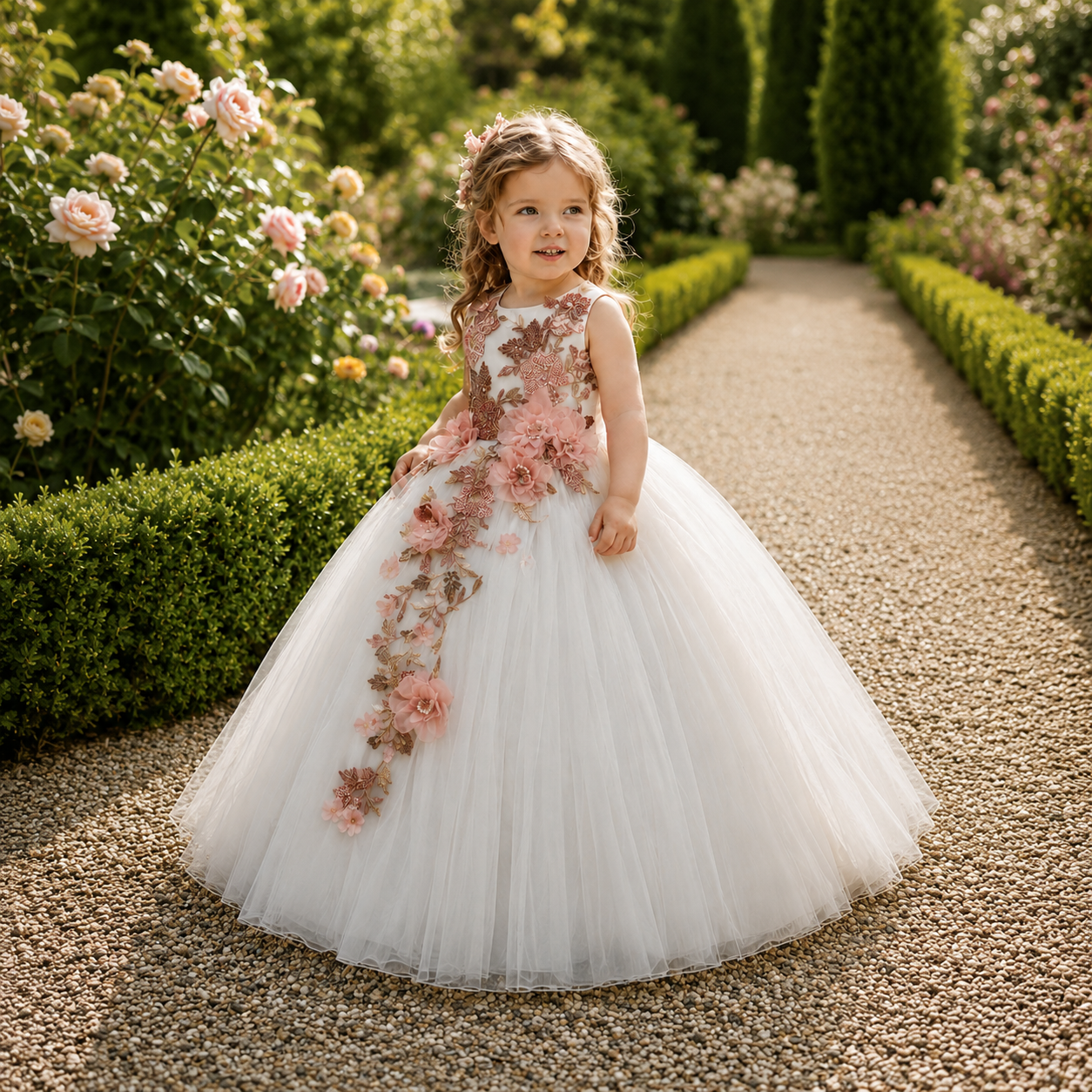 White Flower Girl Dress with Blush 3D Floral Appliqués