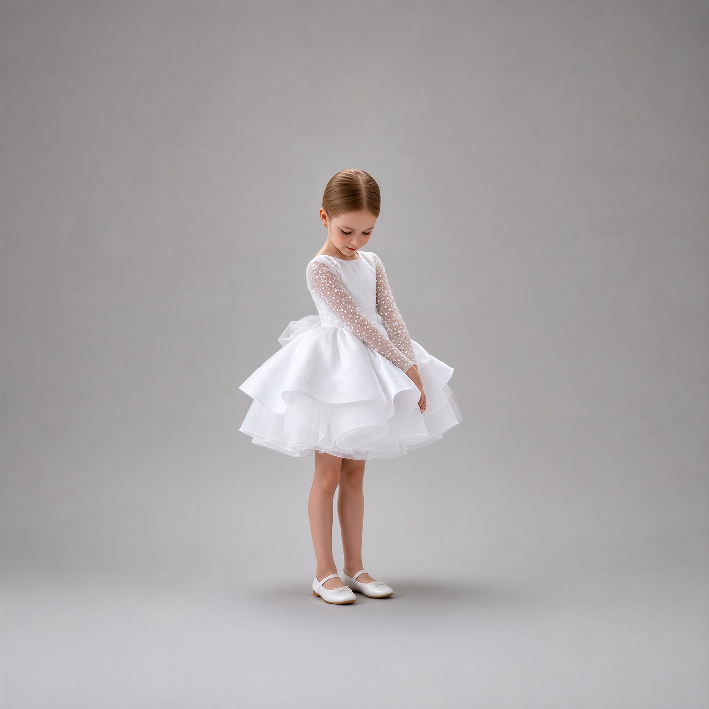 Long Sleeve White Tulle & Satin Dress for Girls