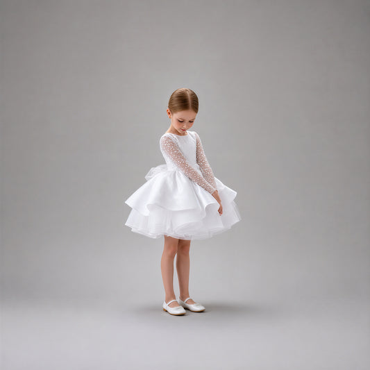 Long Sleeve White Tulle & Satin Dress for Girls