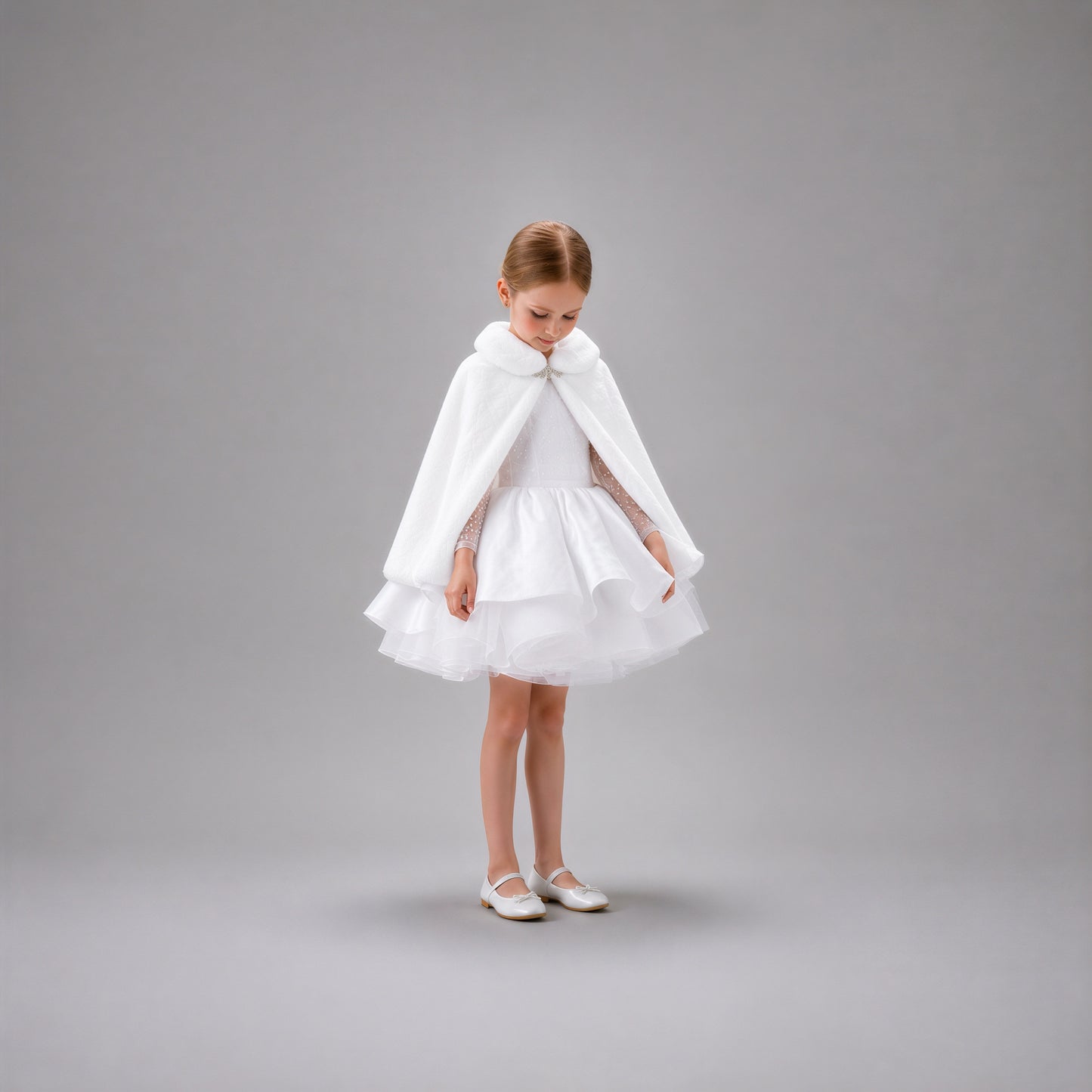Long Sleeve White Tulle & Satin Dress for Girls