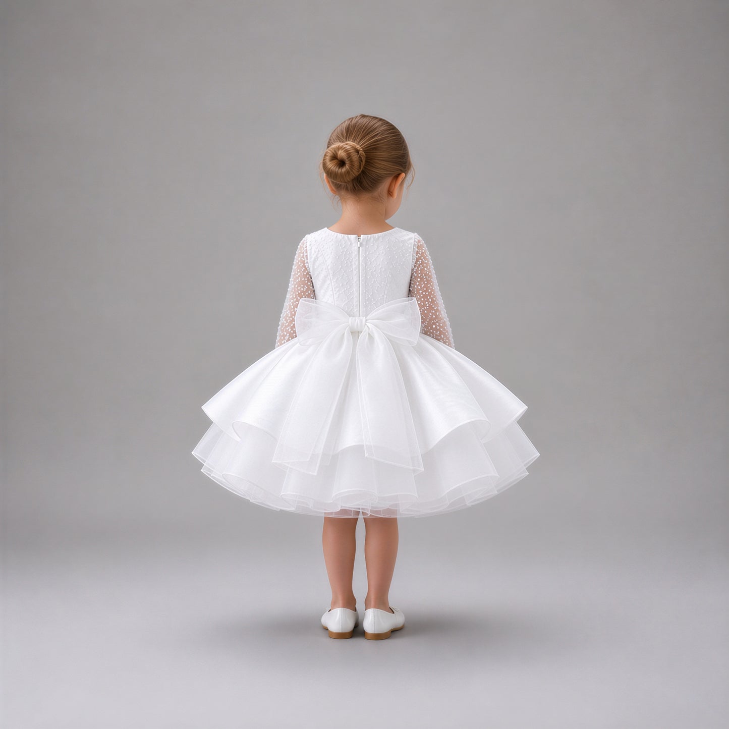 Long Sleeve White Tulle & Satin Dress for Girls