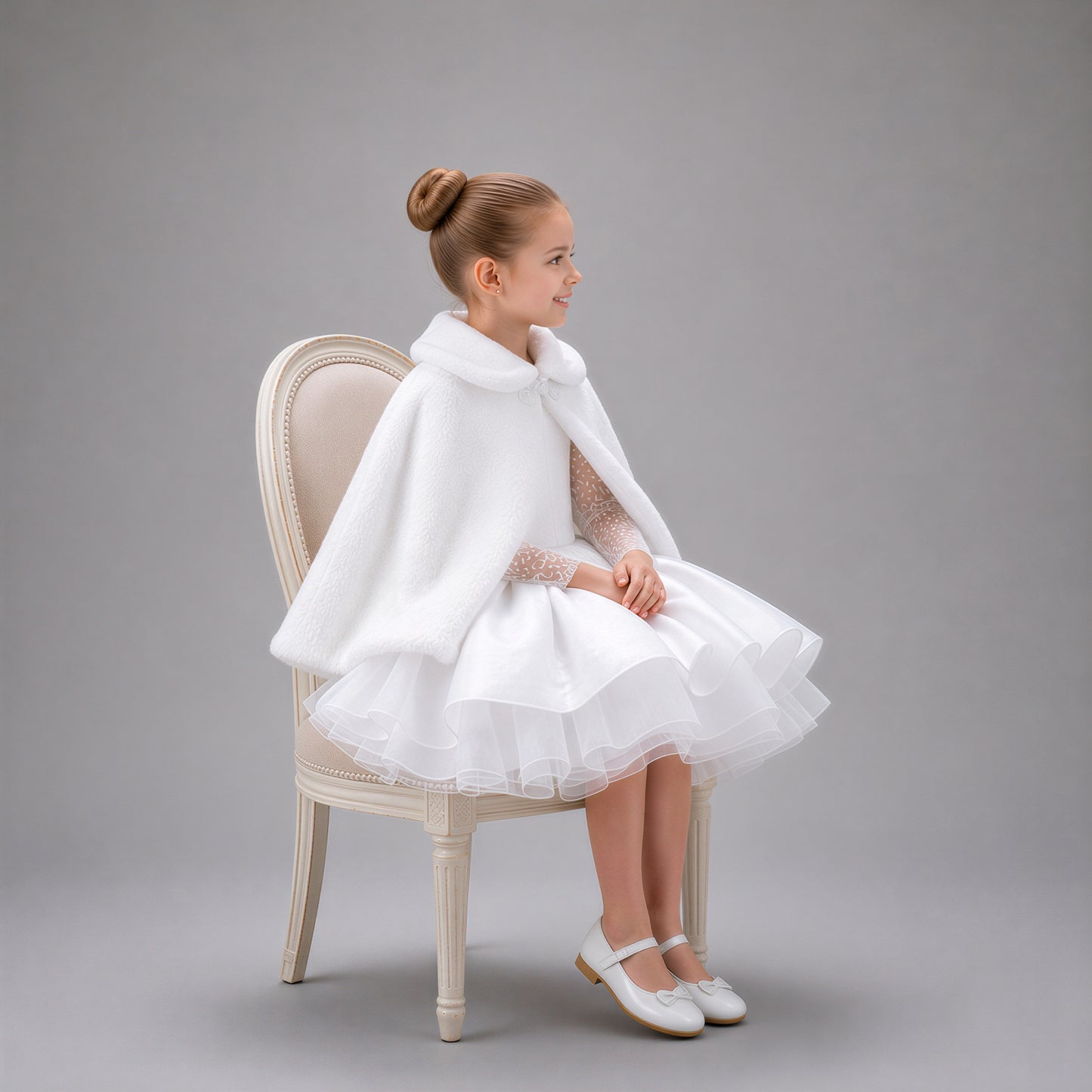 Long Sleeve White Tulle & Satin Dress for Girls