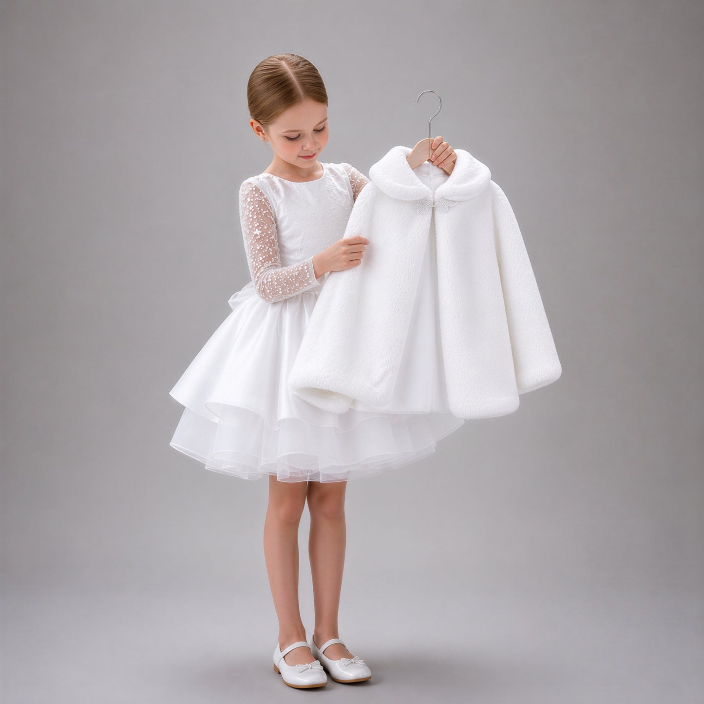 Long Sleeve White Tulle & Satin Dress for Girls