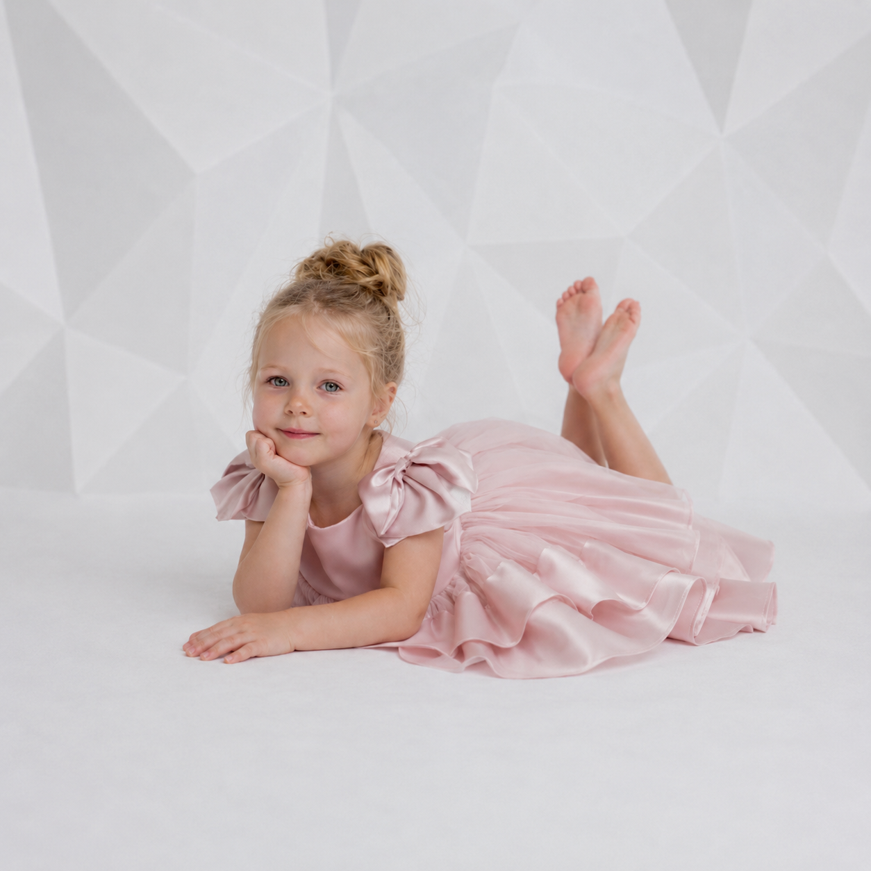 Blush Pink Satin & Tulle Couture Dress with Double-Layer Satin Hemline