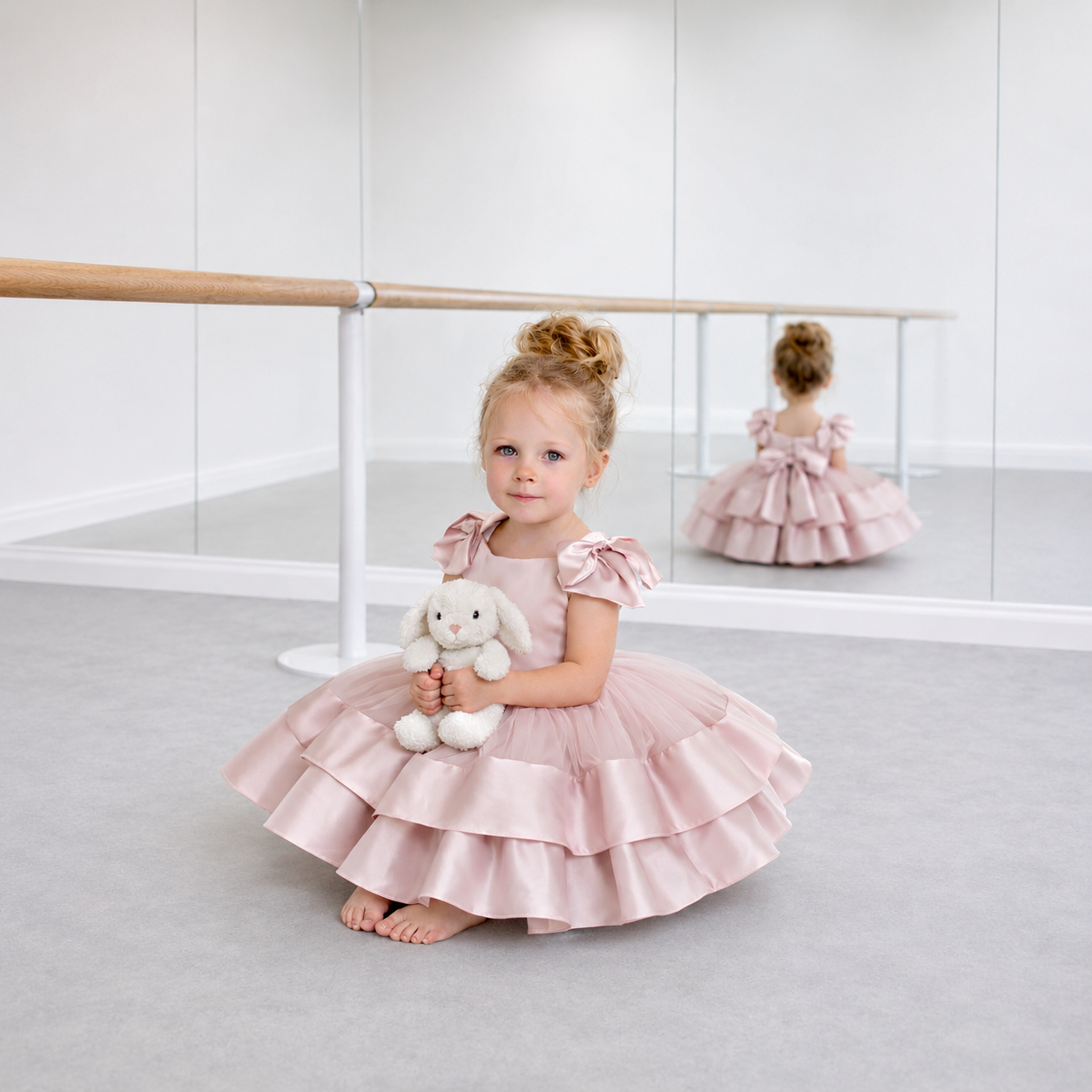 Blush Pink Satin & Tulle Couture Dress with Double-Layer Satin Hemline