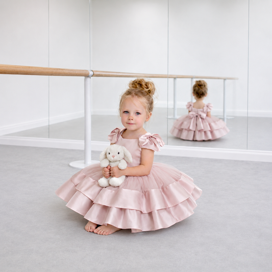 Blush Pink Satin & Tulle Couture Dress with Double-Layer Satin Hemline