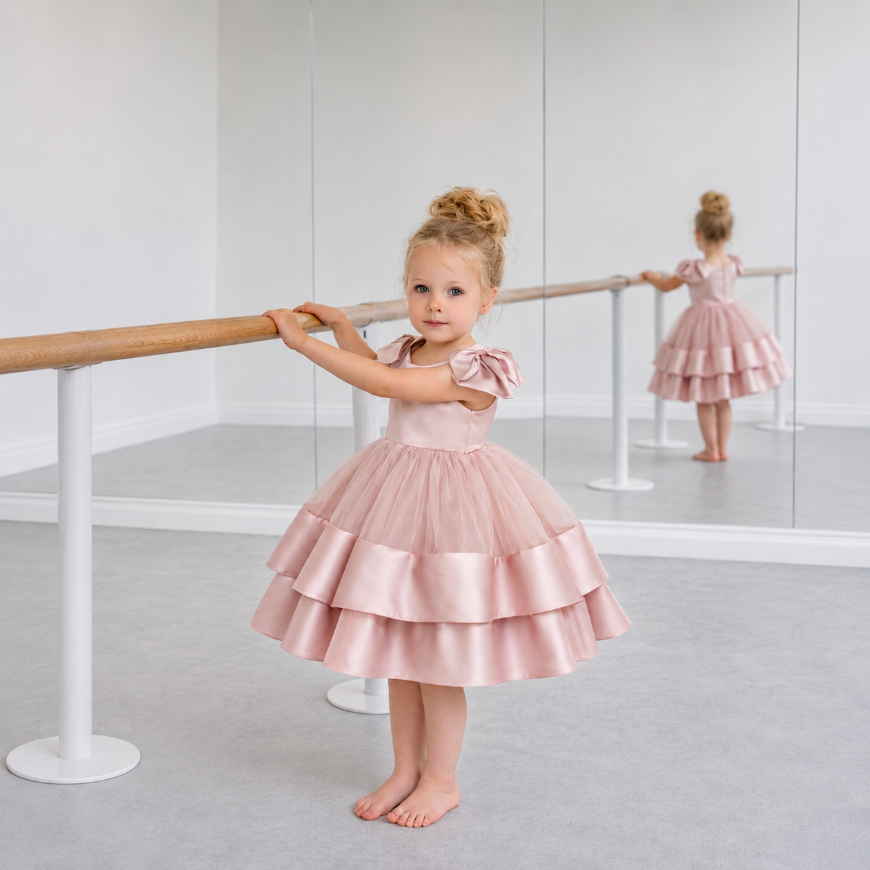 Blush Pink Satin & Tulle Couture Dress with Double-Layer Satin Hemline