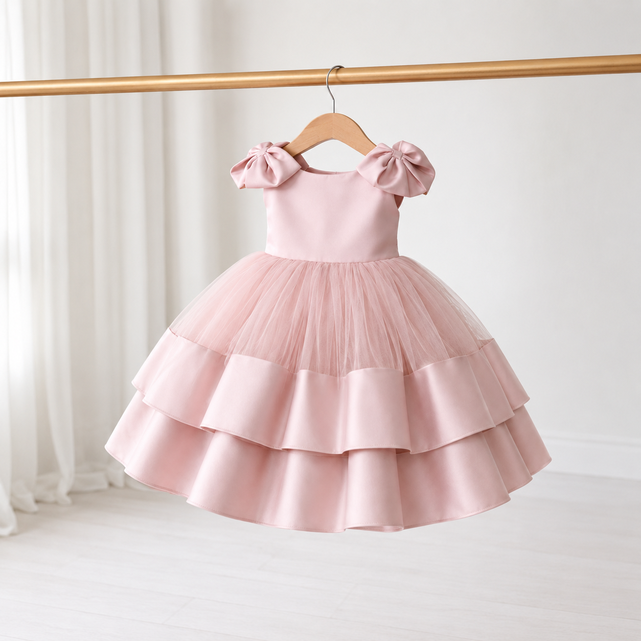 Blush Pink Satin & Tulle Couture Dress with Double-Layer Satin Hemline