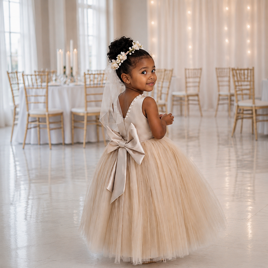 Ivory Pearl Satin & Tulle Flower Girl Dress with Statement Back Bow