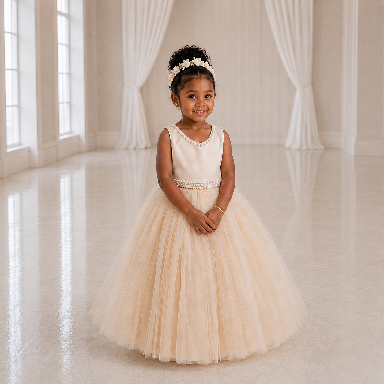 Ivory Pearl Satin & Tulle Flower Girl Dress with Statement Back Bow
