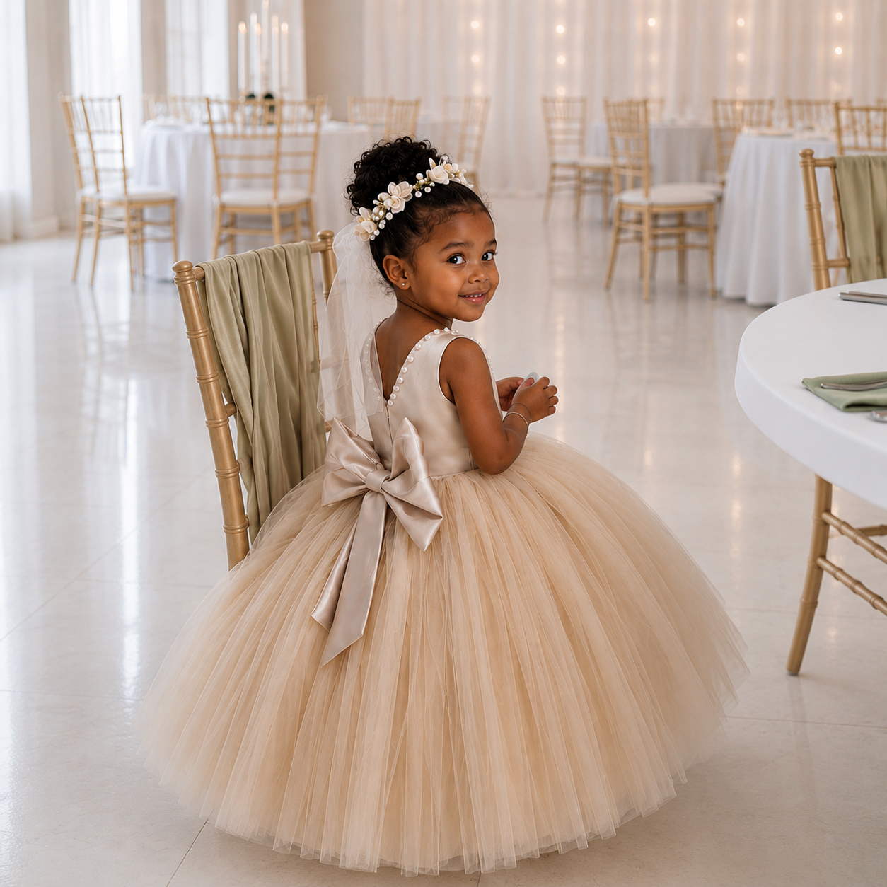 Ivory Pearl Satin & Tulle Flower Girl Dress with Statement Back Bow