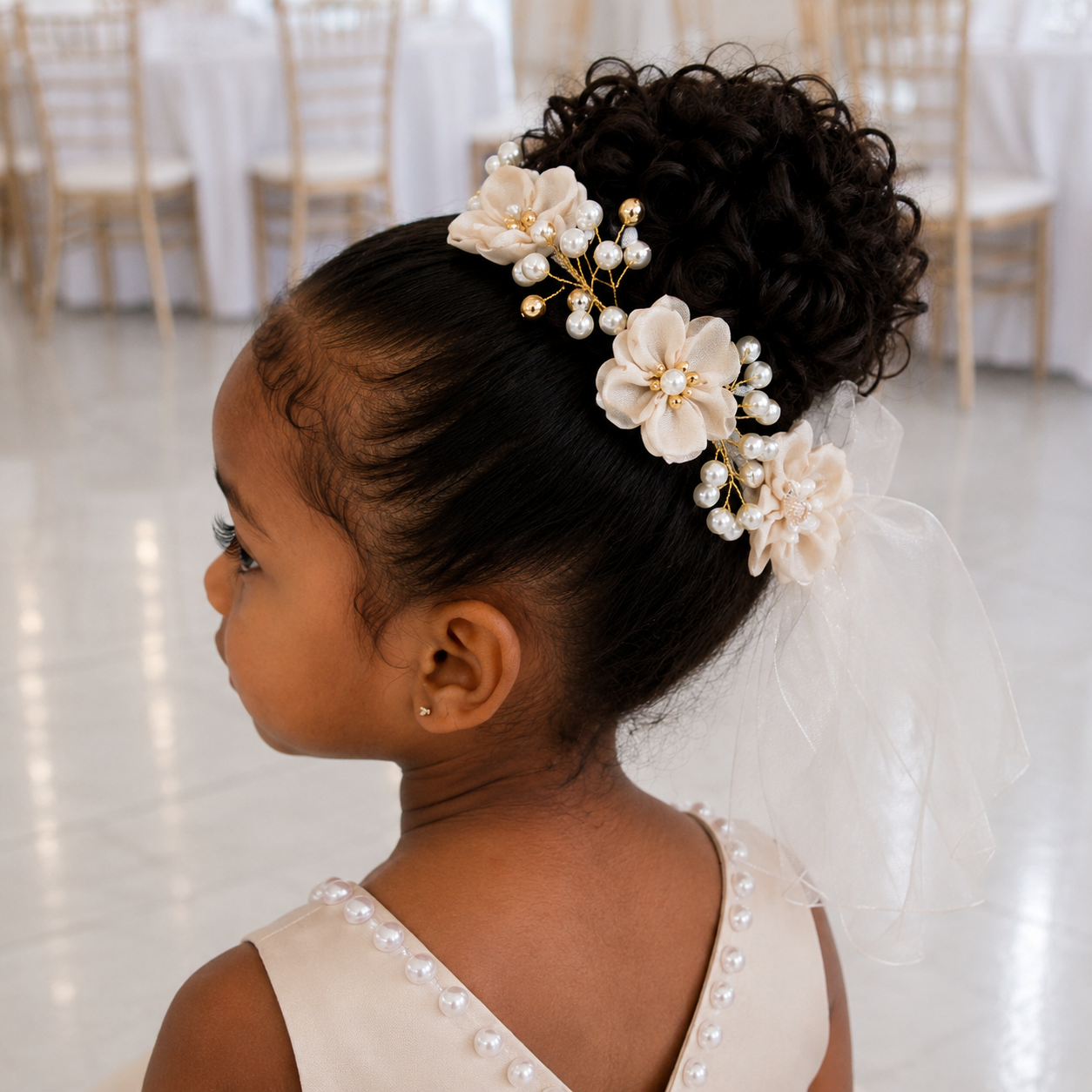Ivory Pearl Satin & Tulle Flower Girl Dress with Statement Back Bow