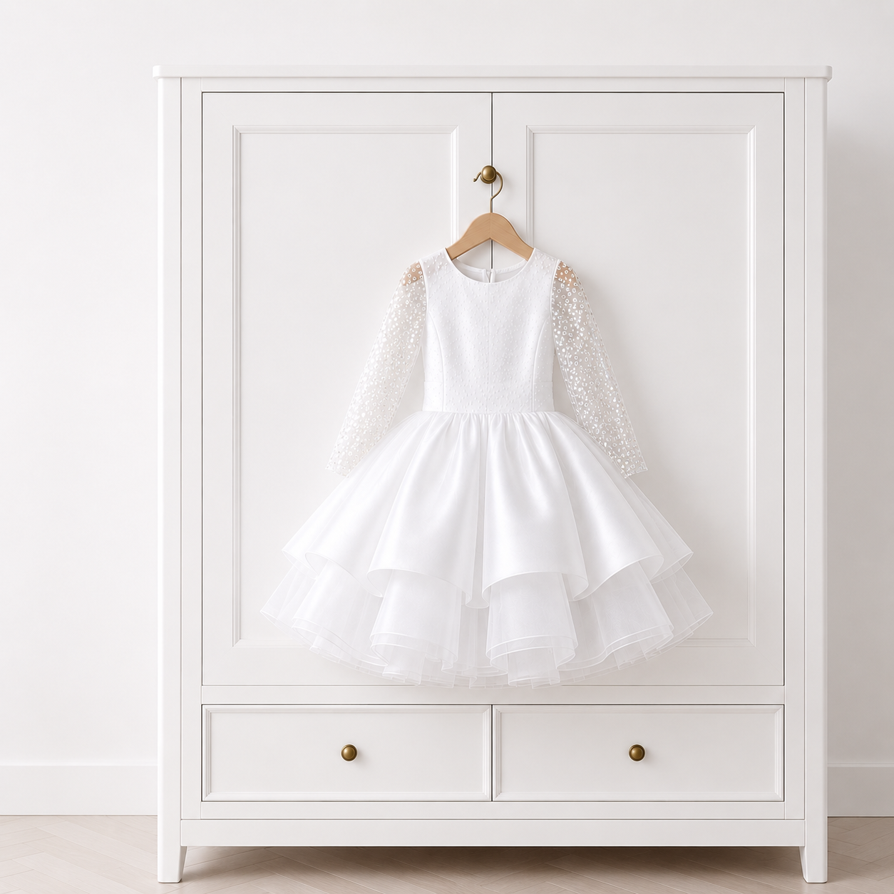 Long Sleeve White Tulle & Satin Dress for Girls