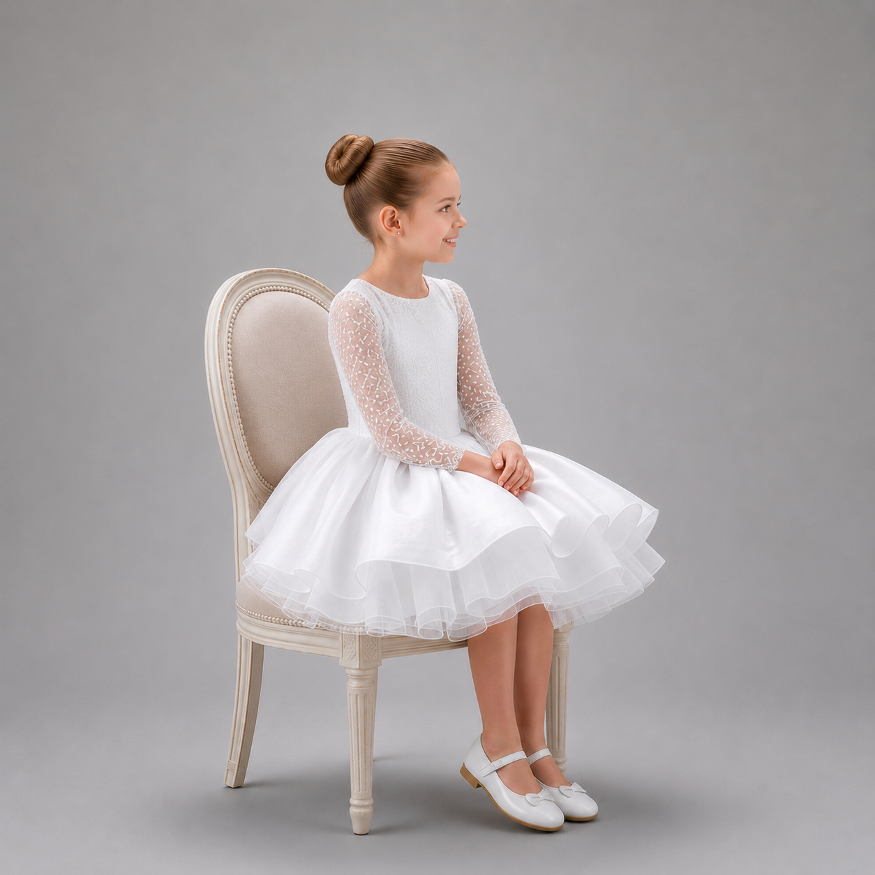 Long Sleeve White Tulle & Satin Dress for Girls