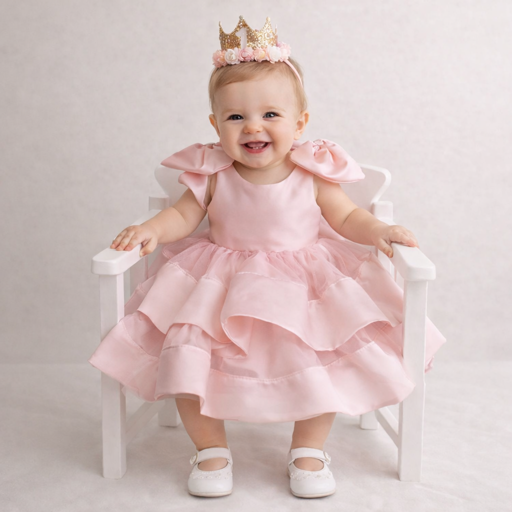 Blush Pink Satin & Tulle Couture Dress with Double-Layer Satin Hemline
