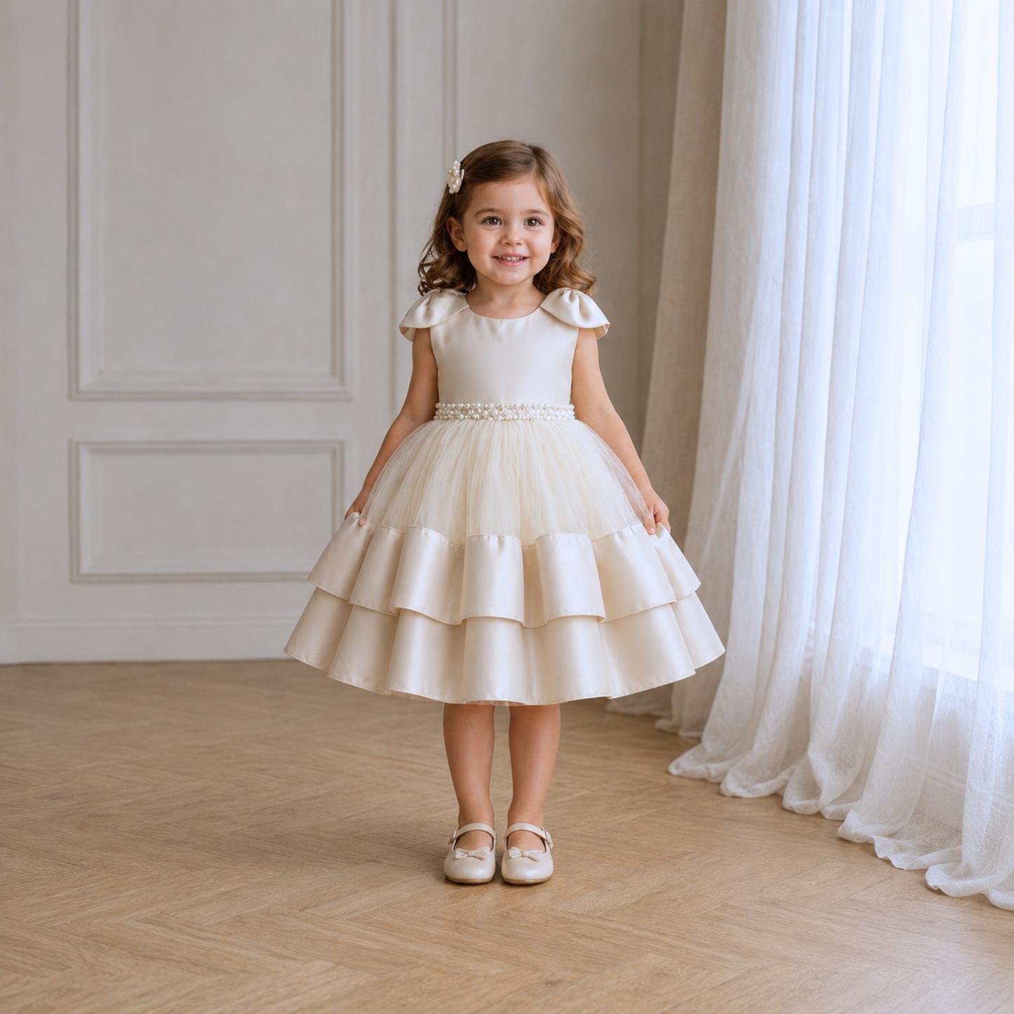 Ivory Satin & Tulle Couture Dress with Double-Layer Satin Hemline Bows