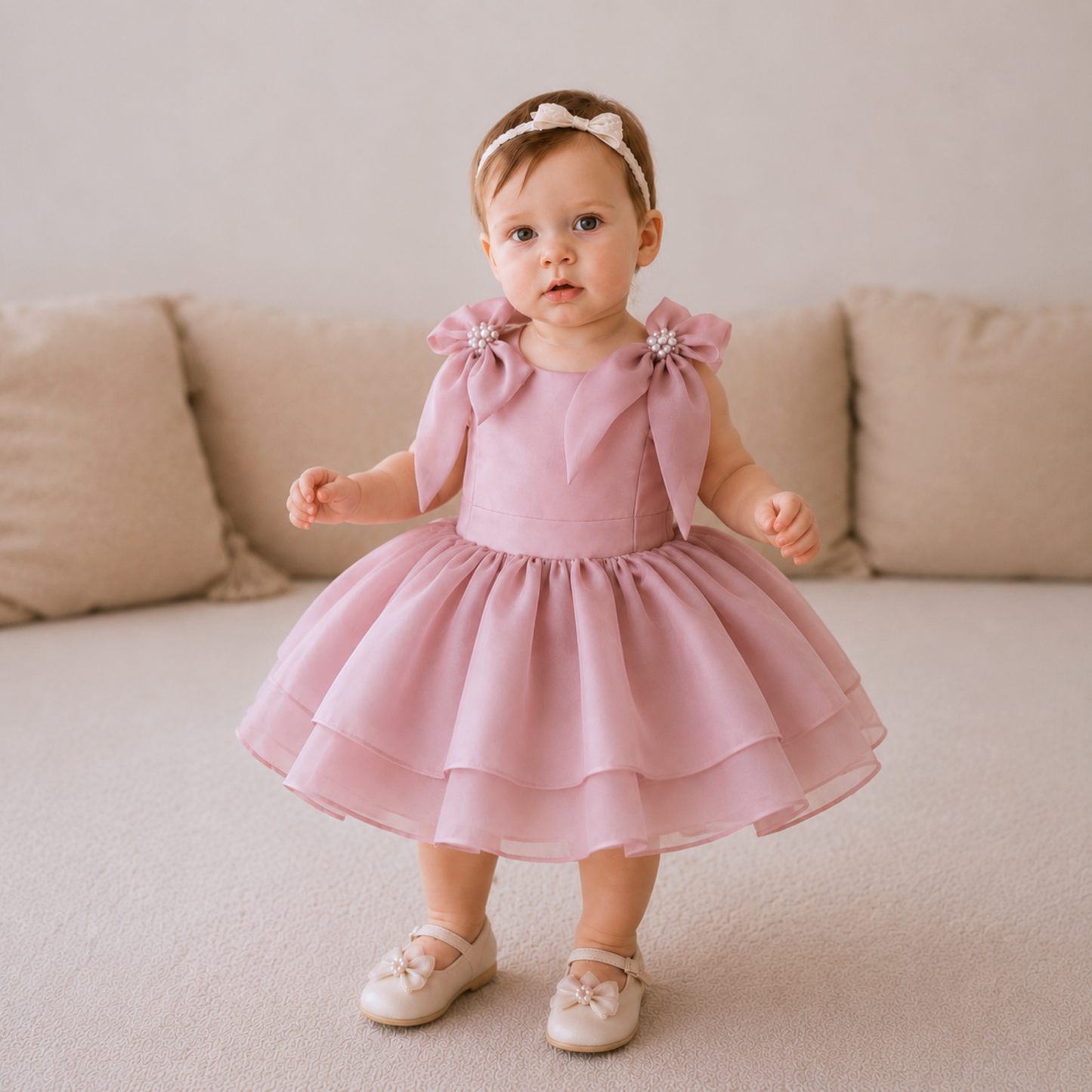 Blush Pink Double Layered Organza Baby Dress with Pearl Bow Shoulders