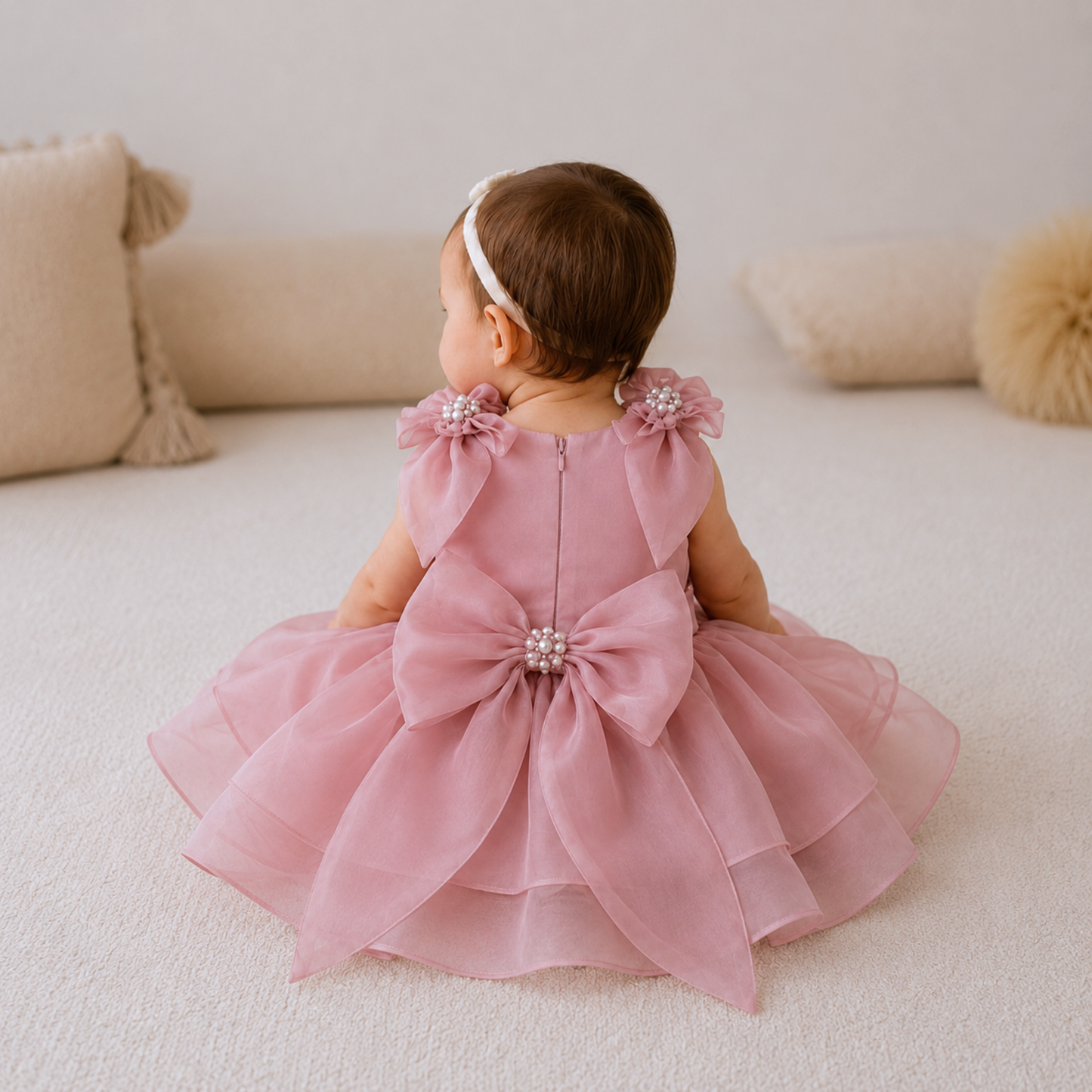 Blush Pink Double Layered Organza Baby Dress with Pearl Bow Shoulders