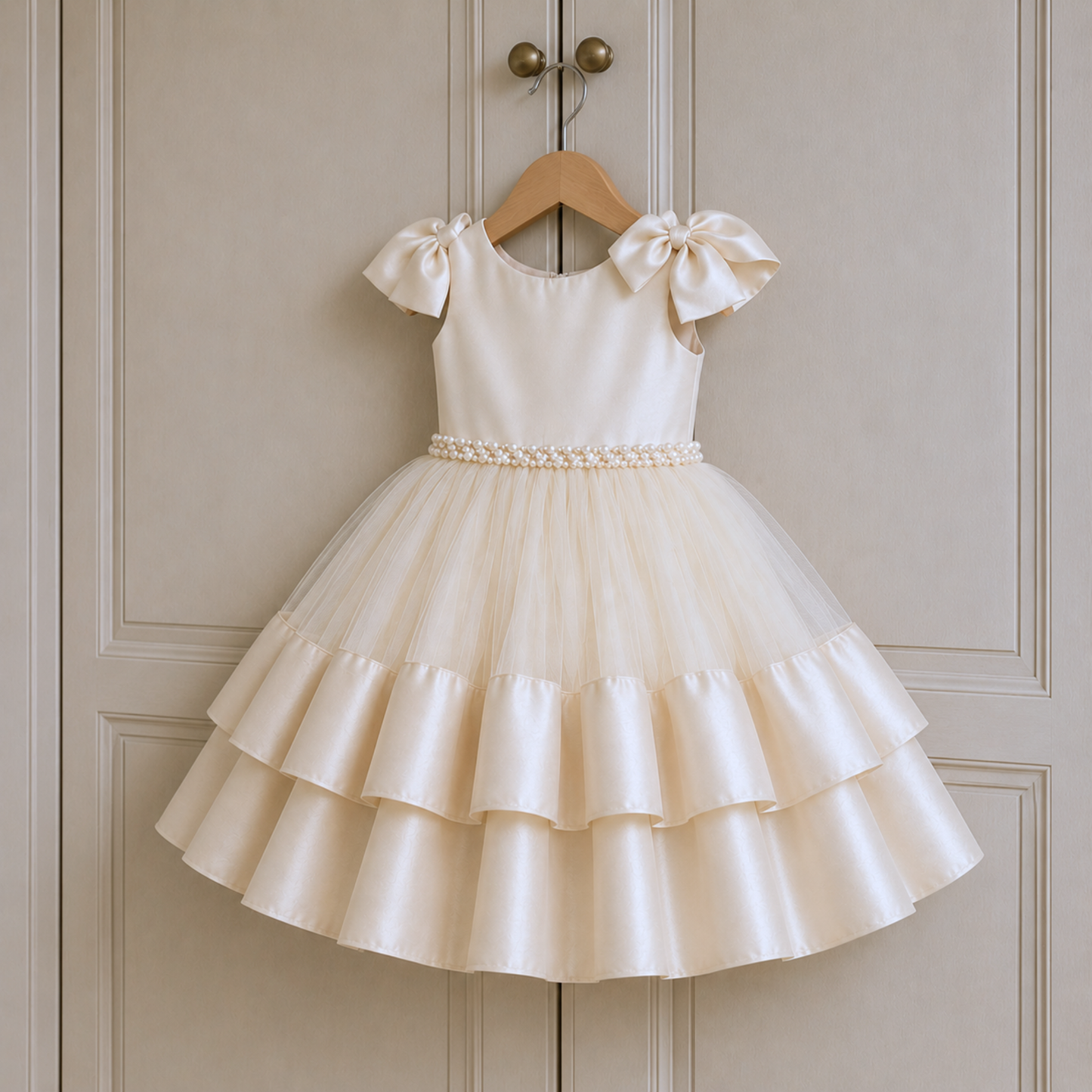 Ivory Satin & Tulle Couture Dress with Double-Layer Satin Hemline Bows