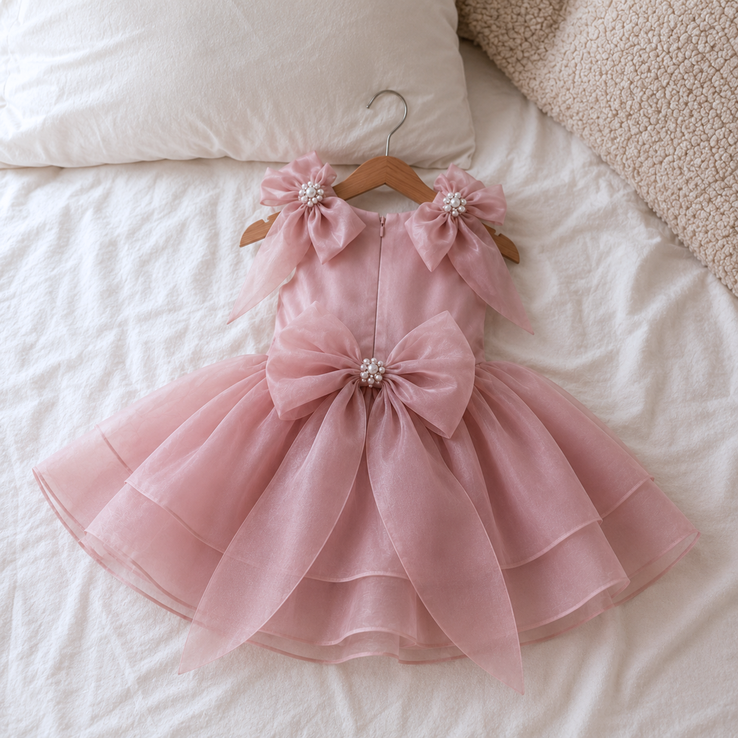 Blush Pink Double Layered Organza Baby Dress with Pearl Bow Shoulders
