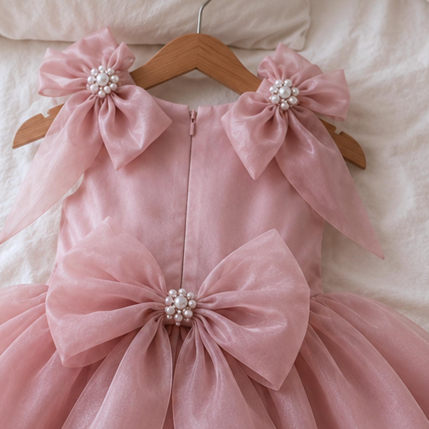 Blush Pink Double Layered Organza Baby Dress with Pearl Bow Shoulders